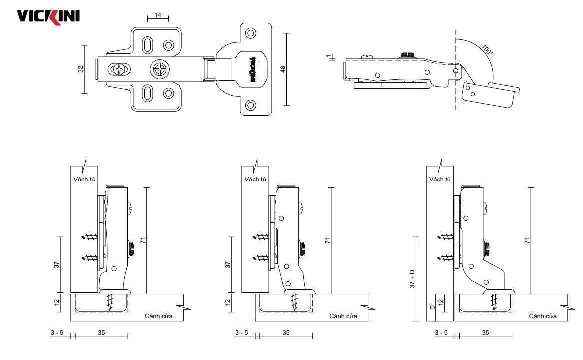 Thông số bản lề bật giảm chấn VICKINI 01409 NP