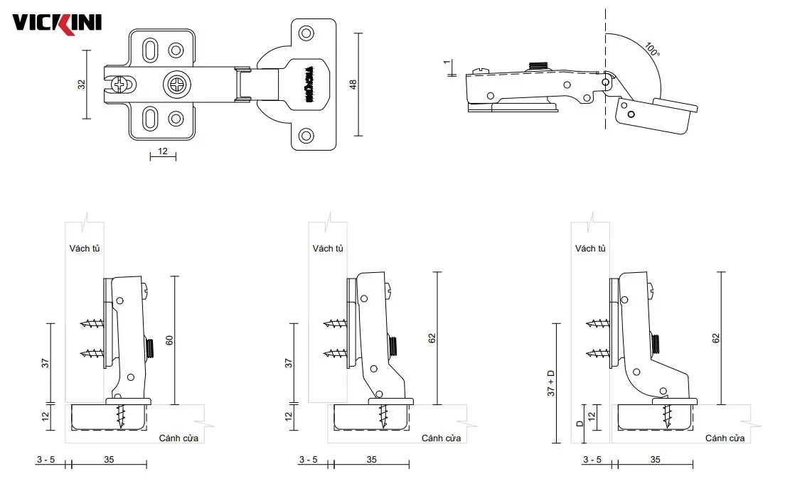 Thông số bản lề bật giảm chấn VICKINI 01238 NP