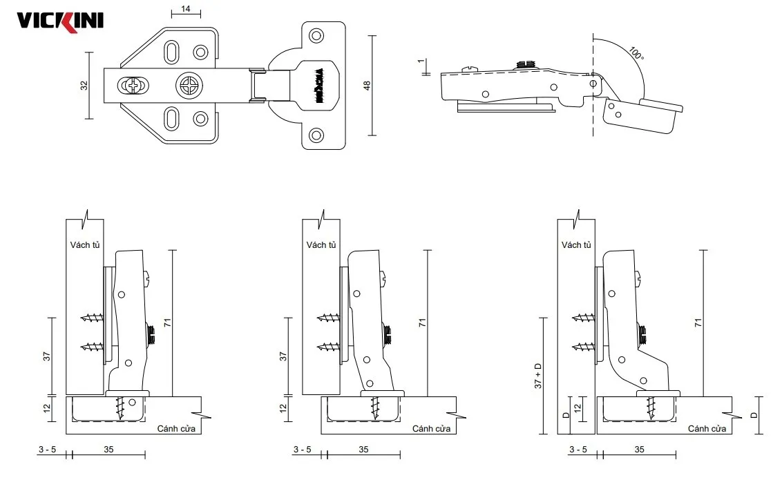 Thông số bản lề bật giảm chấn VICKINI 01419 NP