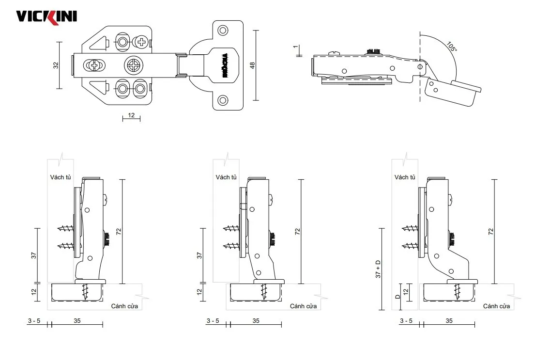 Thông số bản lề bật giảm chấn VICKINI 01479 NP