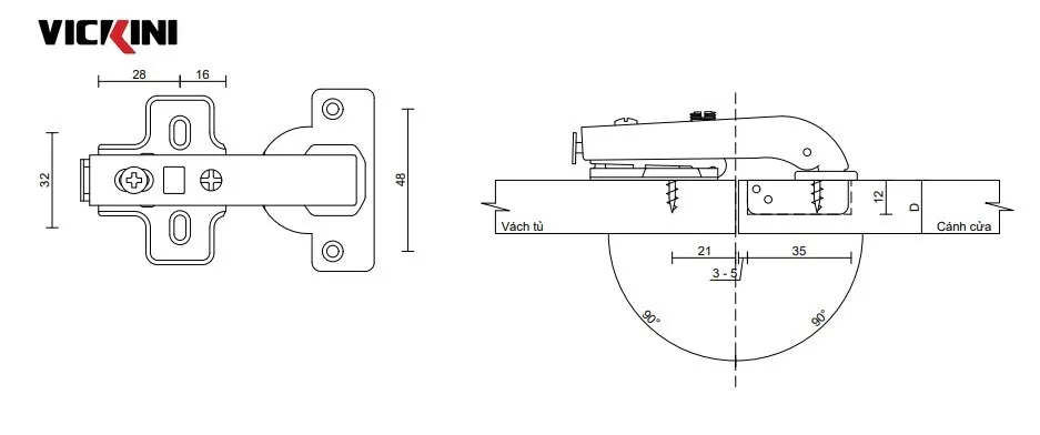 Thông số bản lề bật giảm chấn VICKINI 01708.001 NP