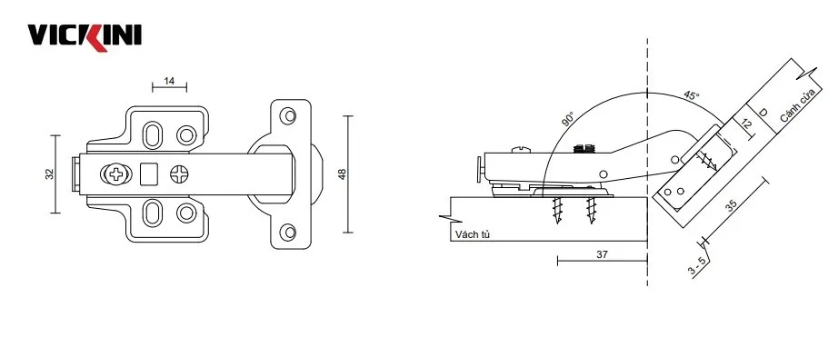 Thông số bản lề bật giảm chấn VICKINI 01708.002 NP