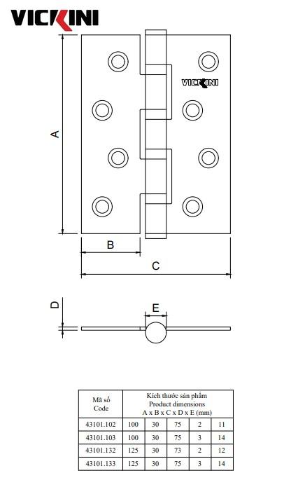 Thông số bản lề cửa VICKINI 43101.103