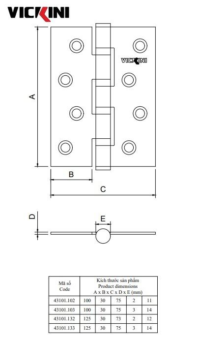 Thông số bản lề cửa VICKINI 43101.132