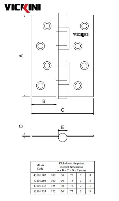 Thông số bản lề cửa VICKINI 43101.133