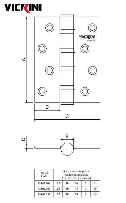 Thông số bản lề cửa VICKINI 43102.133