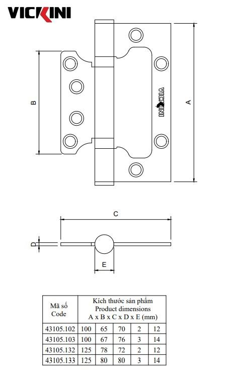 Thông số bản lề cửa VICKINI 43105.102