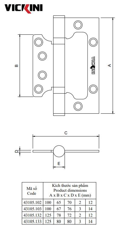 Thông số bản lề cửa VICKINI 43105.103