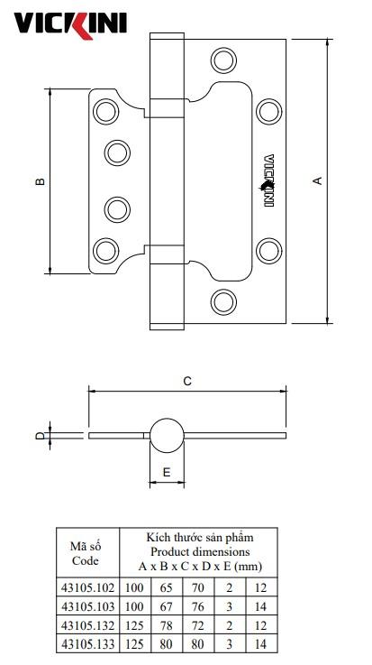 Thông số bản lề cửa VICKINI 43105.132