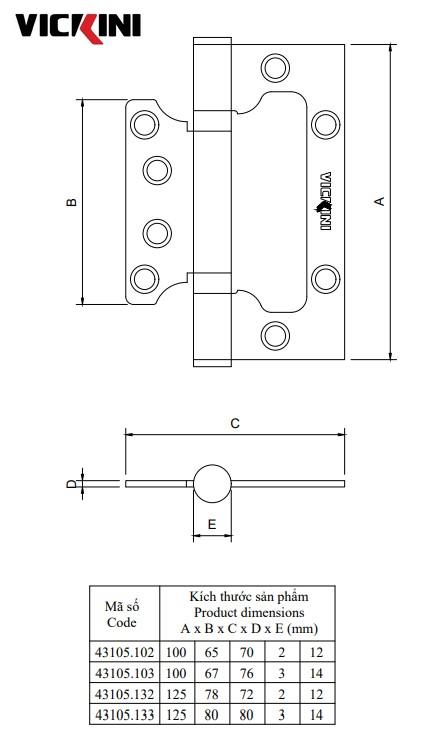 Thông số bản lề cửa VICKINI 43105.133