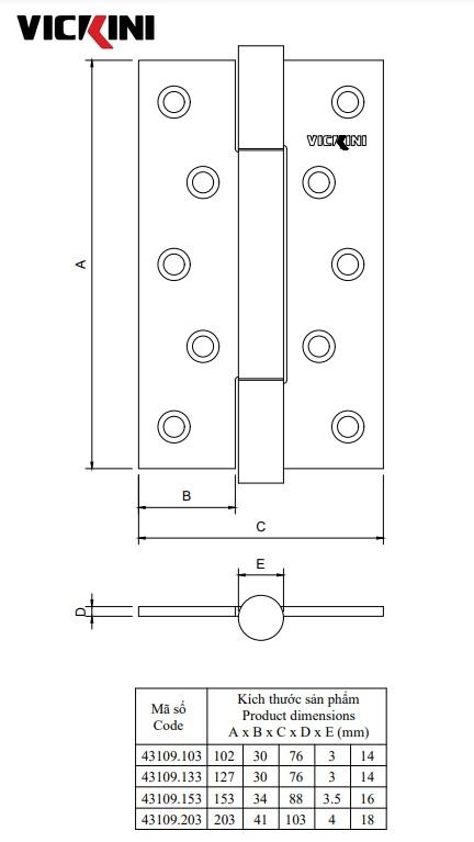 Thông số bản lề cửa VICKINI 43109.103