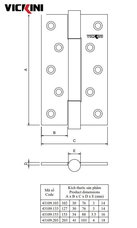 Thông số bản lề cửa VICKINI 43109.133