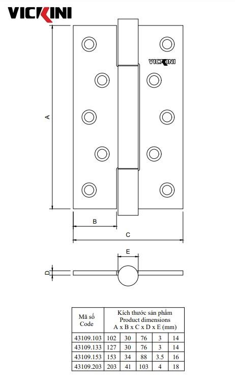 Thông số bản lề cửa VICKINI 43109.203