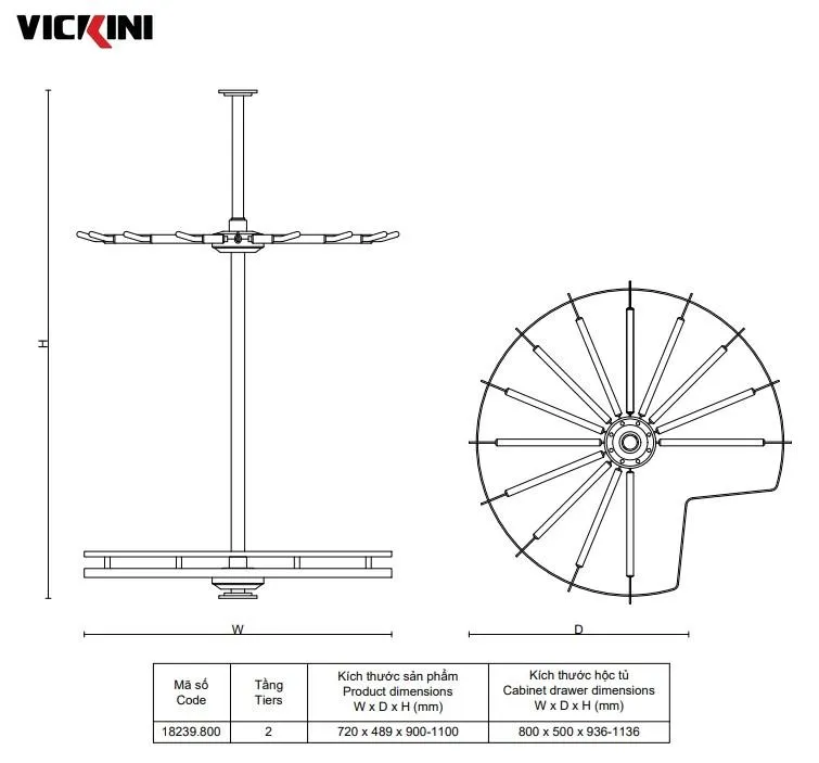 Thông số kệ góc treo đồ 2 tầng xoay 360 độ VICKINI 18239.800