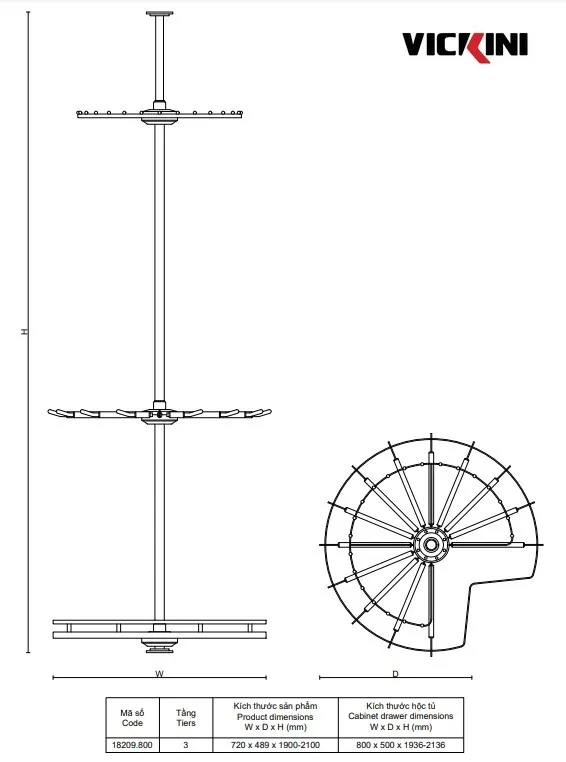 Thông số kệ góc treo đồ 3 tầng xoay 360 độ VICKINI 18209.800