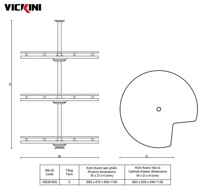 Thông số kệ góc treo đồ 3 tầng xoay 360 độ VICKINI 18229.800