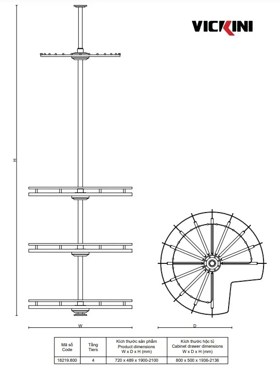 Thông số kệ góc treo đồ 4 tầng xoay 360 độ VICKINI 18219.800