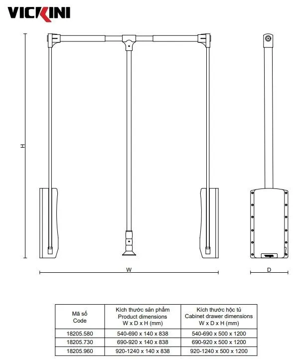 Thông số kệ mắc quần áo nâng hạ VICKINI 18205