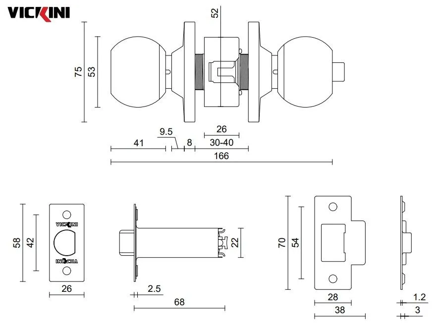 Thông số khóa nắm đấm VICKINI 30801.002