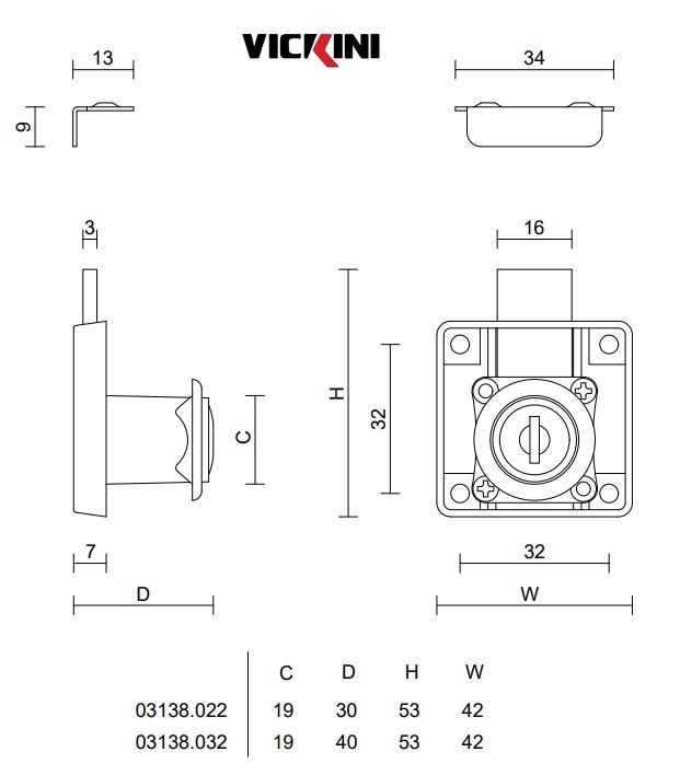 Thông số khóa tủ vuông VICKINI 03138 CP