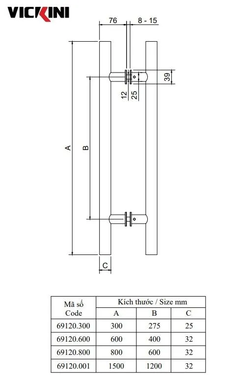 Thông số tay cửa kính VICKINI 69120