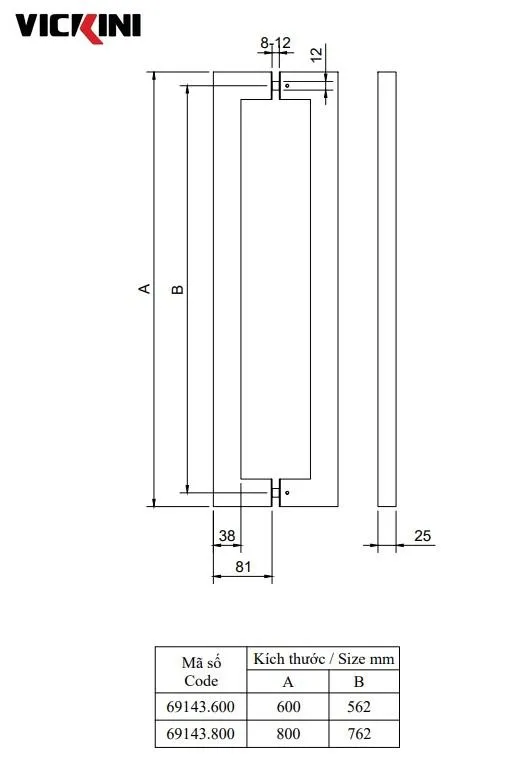 Thông số tay cửa kính VICKINI 69143