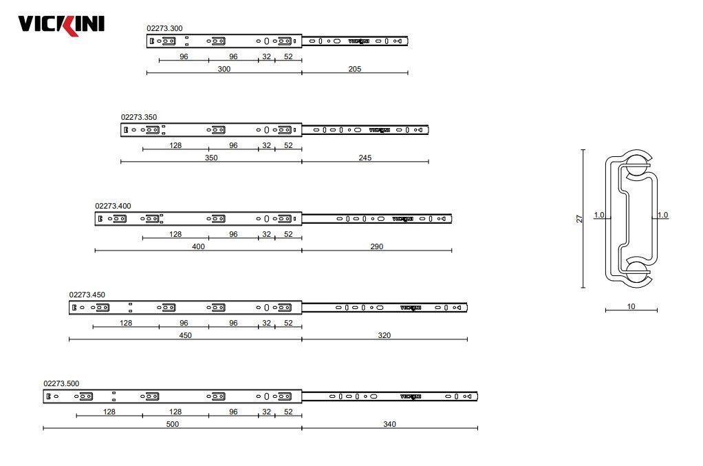 Thông số thanh ray trượt 2 tầng VICKINI 02273 ZNP