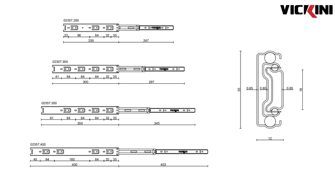 Thông số thanh ray trượt 3 tầng VICKINI 02357 ZNP