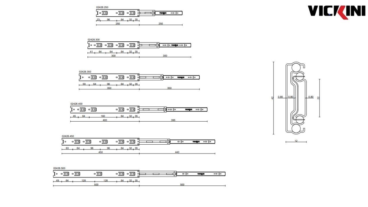 Thông số thanh ray trượt 3 tầng VICKINI 02428 ZNP