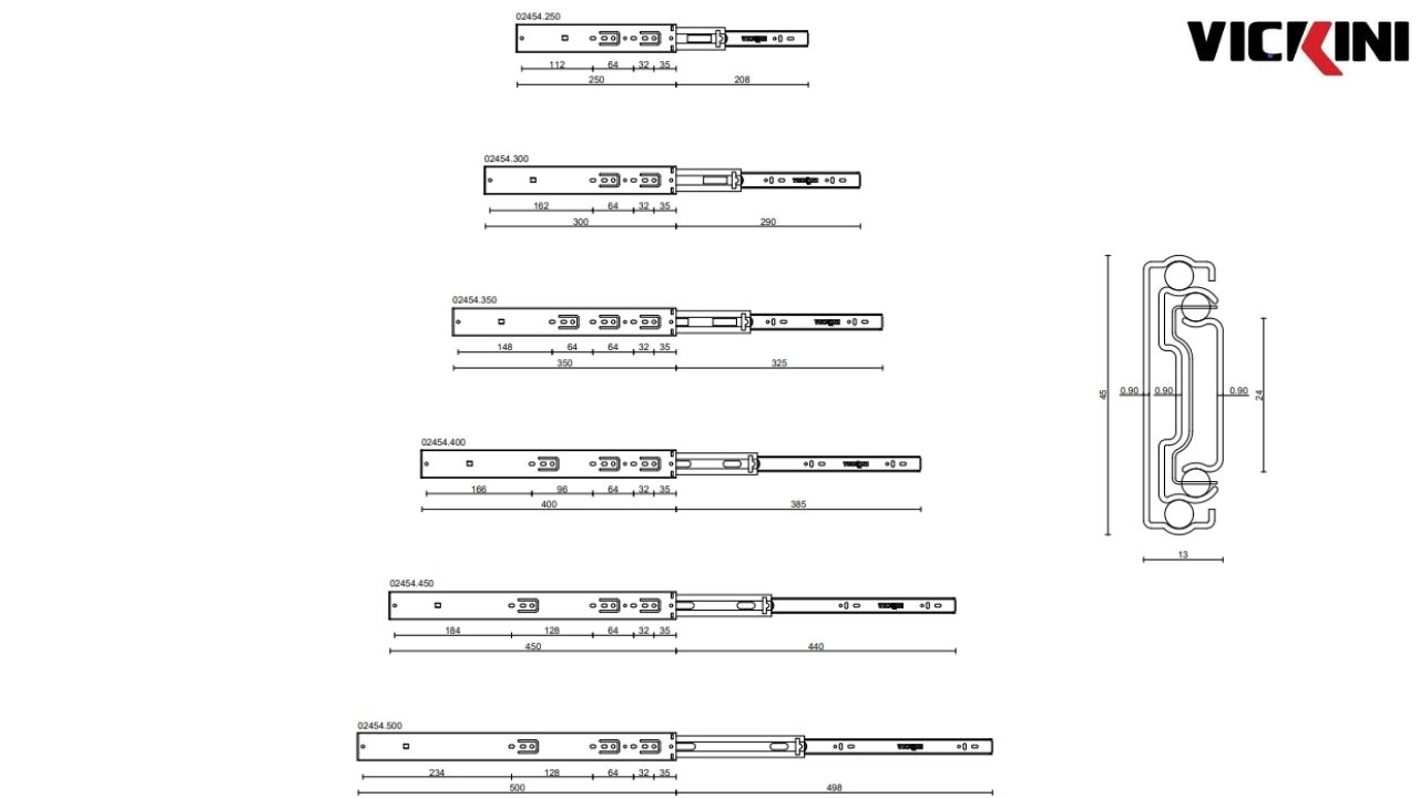 Thông số thanh ray trượt 3 tầng giảm chấn VICKINI 02454 ZNP