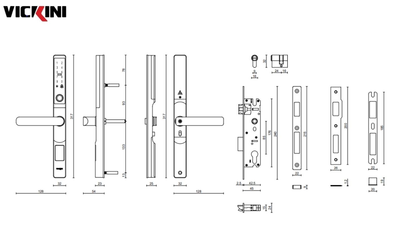 Thông số kỹ thuật Khóa cửa nhôm điện tử VICKINI 39907.002